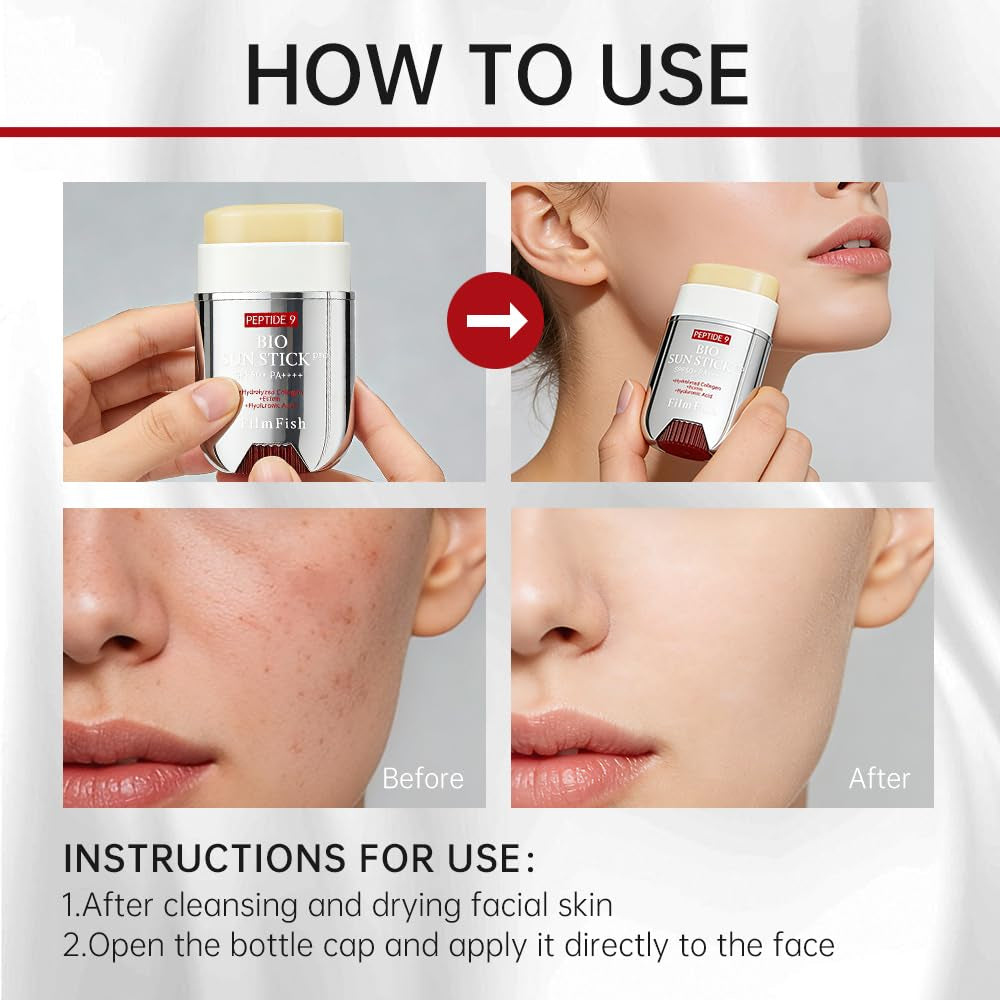 Filmfish Peptide 9 Bio Sun Stick PRO SPF50+ PA++++, Sunscreen Stick with Peptide Complex, Collagen & Hyaularonic Acid, Moisturizing & Anti-Aging Face Stick, Reef Friendly & No White Cast Sunblock