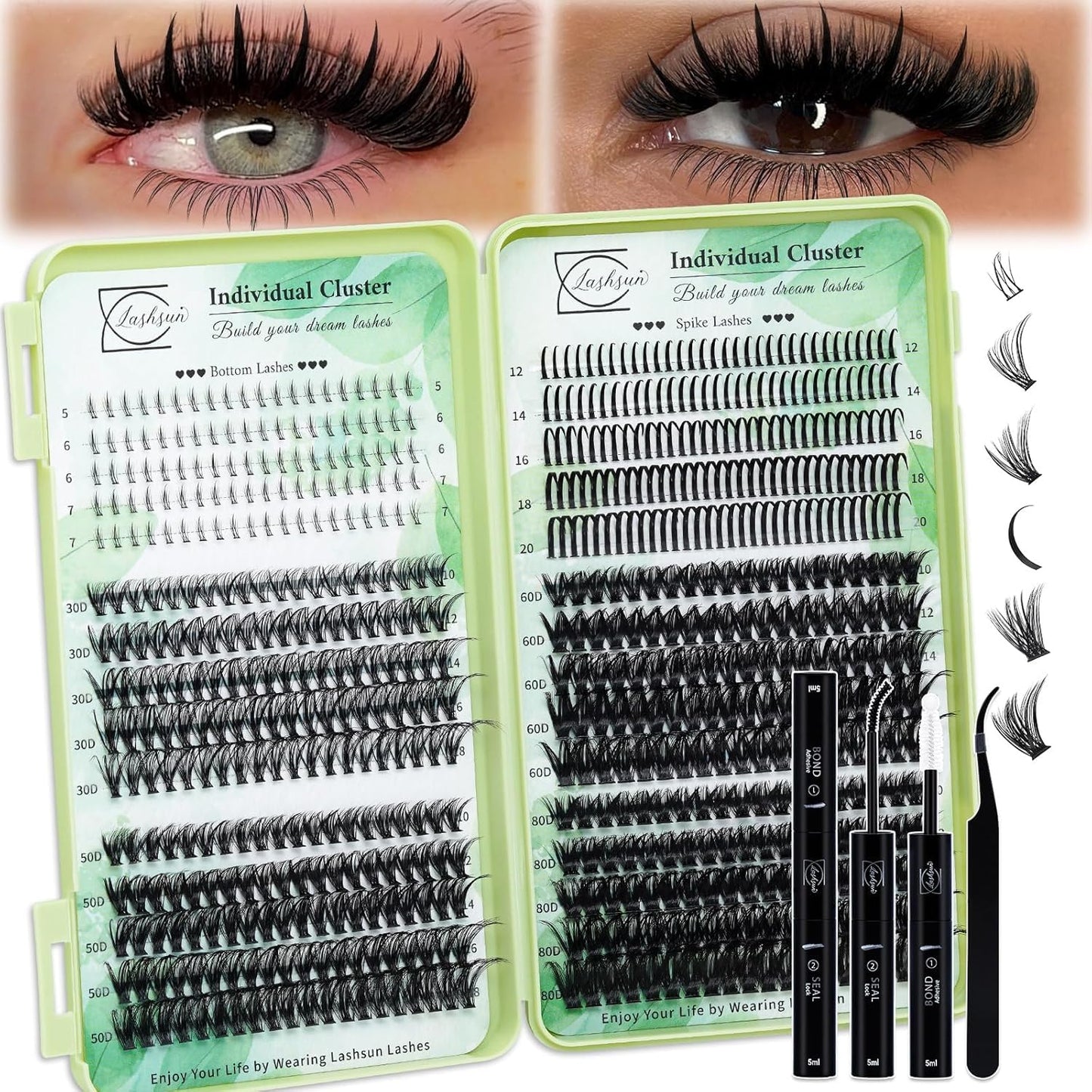 Lash Clusters Kit Wispy DIY Lash Extension Kit 640Pcs Cat Eye Lashes Volume Cluster Eyelash DIY Lashes at Home or Travel with Lash Bond and Seal,Lash Tweezers(Cat Eye 30D+40D+50D+60D Lash Kit)