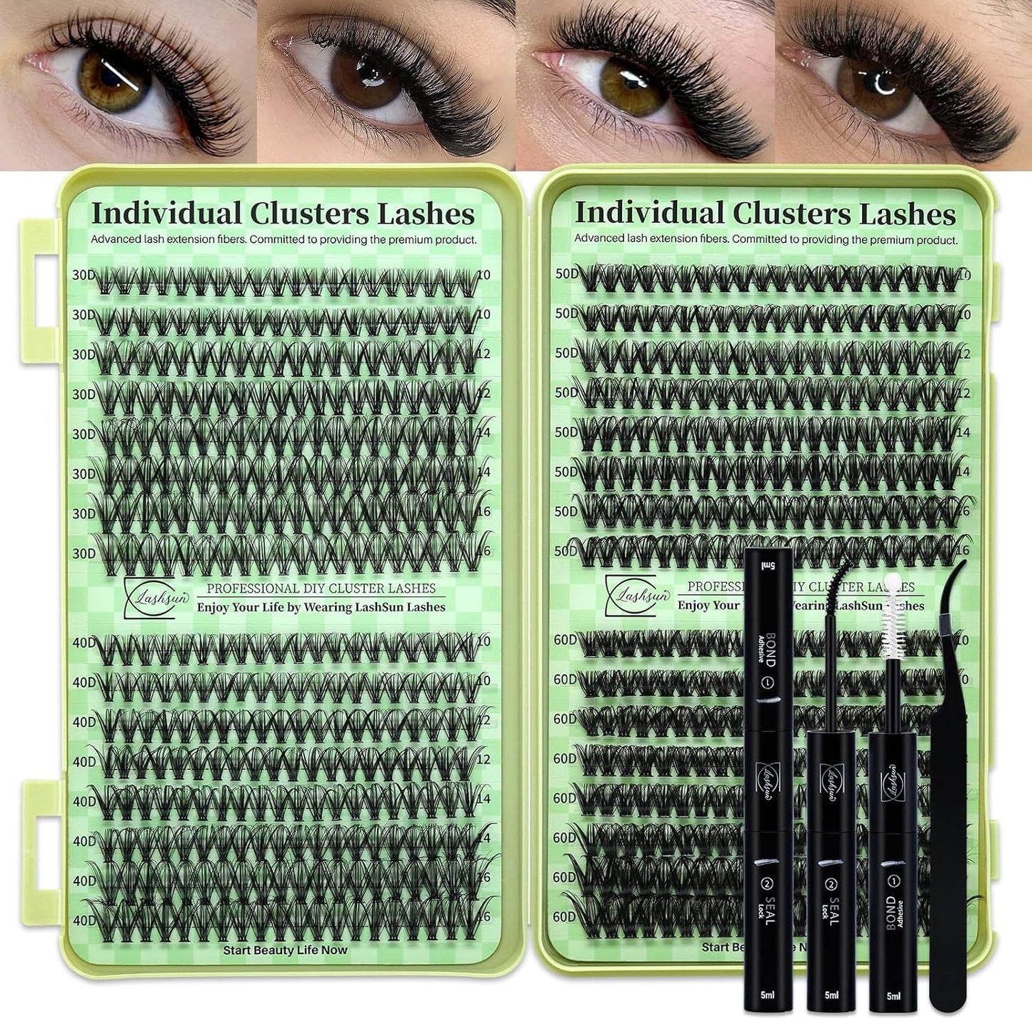 Lash Clusters Kit Wispy DIY Lash Extension Kit 640Pcs Cat Eye Lashes Volume Cluster Eyelash DIY Lashes at Home or Travel with Lash Bond and Seal,Lash Tweezers(Cat Eye 30D+40D+50D+60D Lash Kit)
