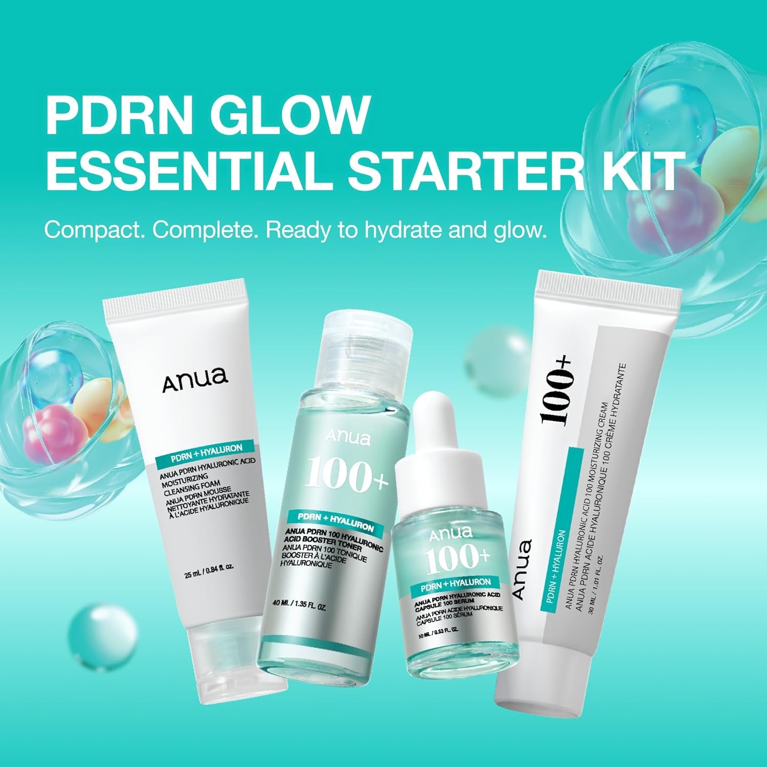 Salmon DNA PDRN Glow Essential Starter Kit, Hyaluronic Acid Skincare Set, Glass Skin Routine with Firming & Hydrating Cleanser, Toner, Serum & Cream, Mini Travel Essentials, Korean Skincare Gift