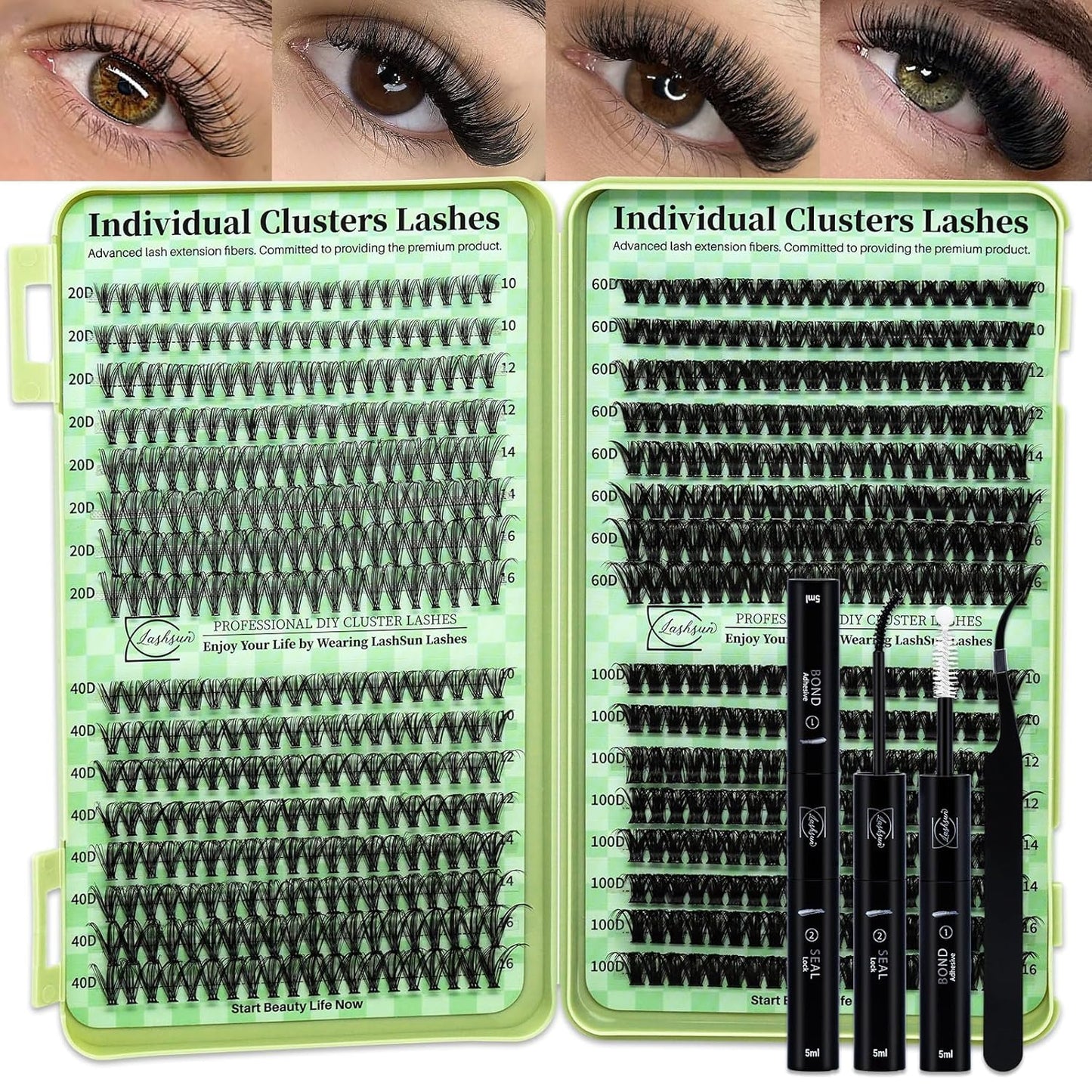 Lash Clusters Kit Wispy DIY Lash Extension Kit 640Pcs Cat Eye Lashes Volume Cluster Eyelash DIY Lashes at Home or Travel with Lash Bond and Seal,Lash Tweezers(Cat Eye 30D+40D+50D+60D Lash Kit)