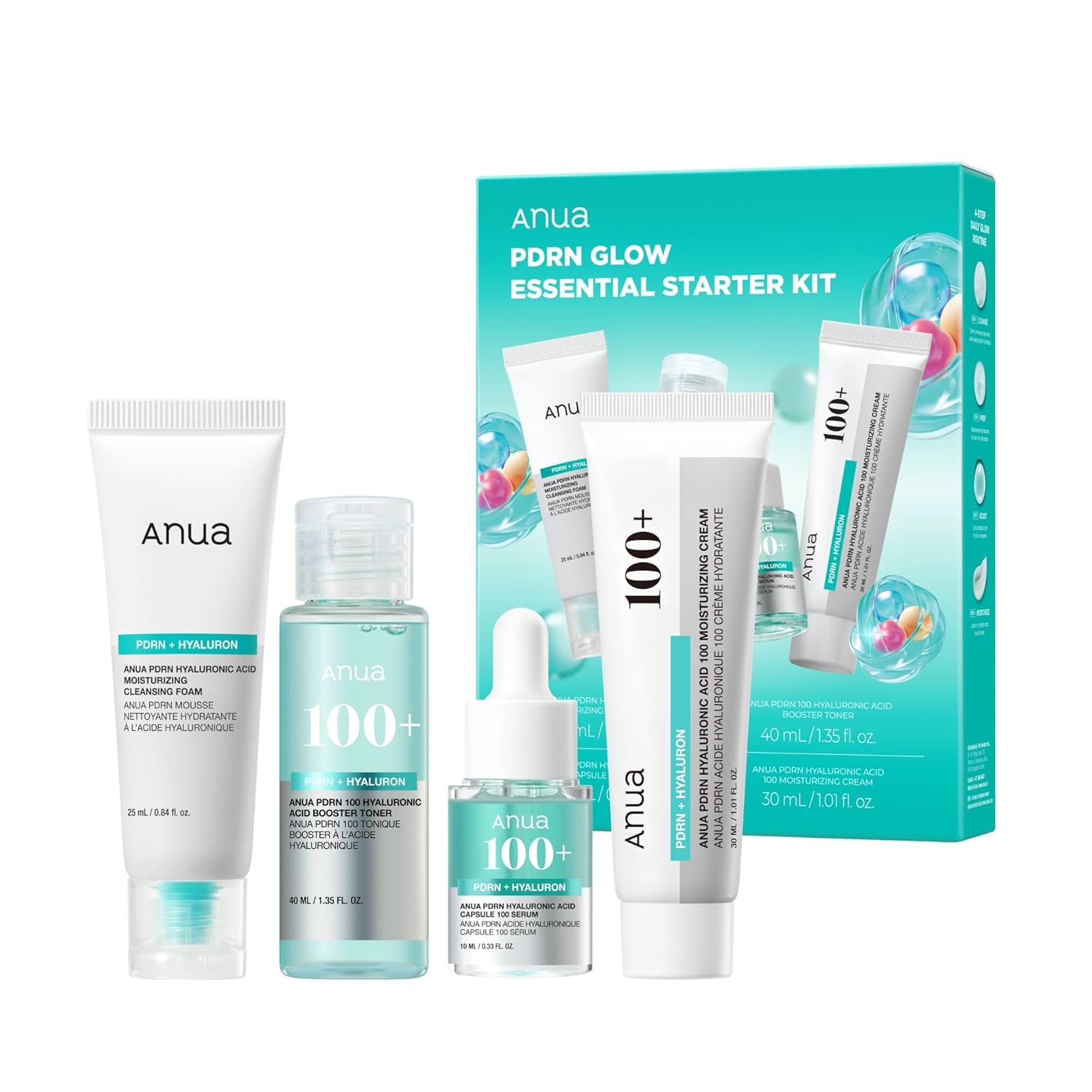 Salmon DNA PDRN Glow Essential Starter Kit, Hyaluronic Acid Skincare Set, Glass Skin Routine with Firming & Hydrating Cleanser, Toner, Serum & Cream, Mini Travel Essentials, Korean Skincare Gift