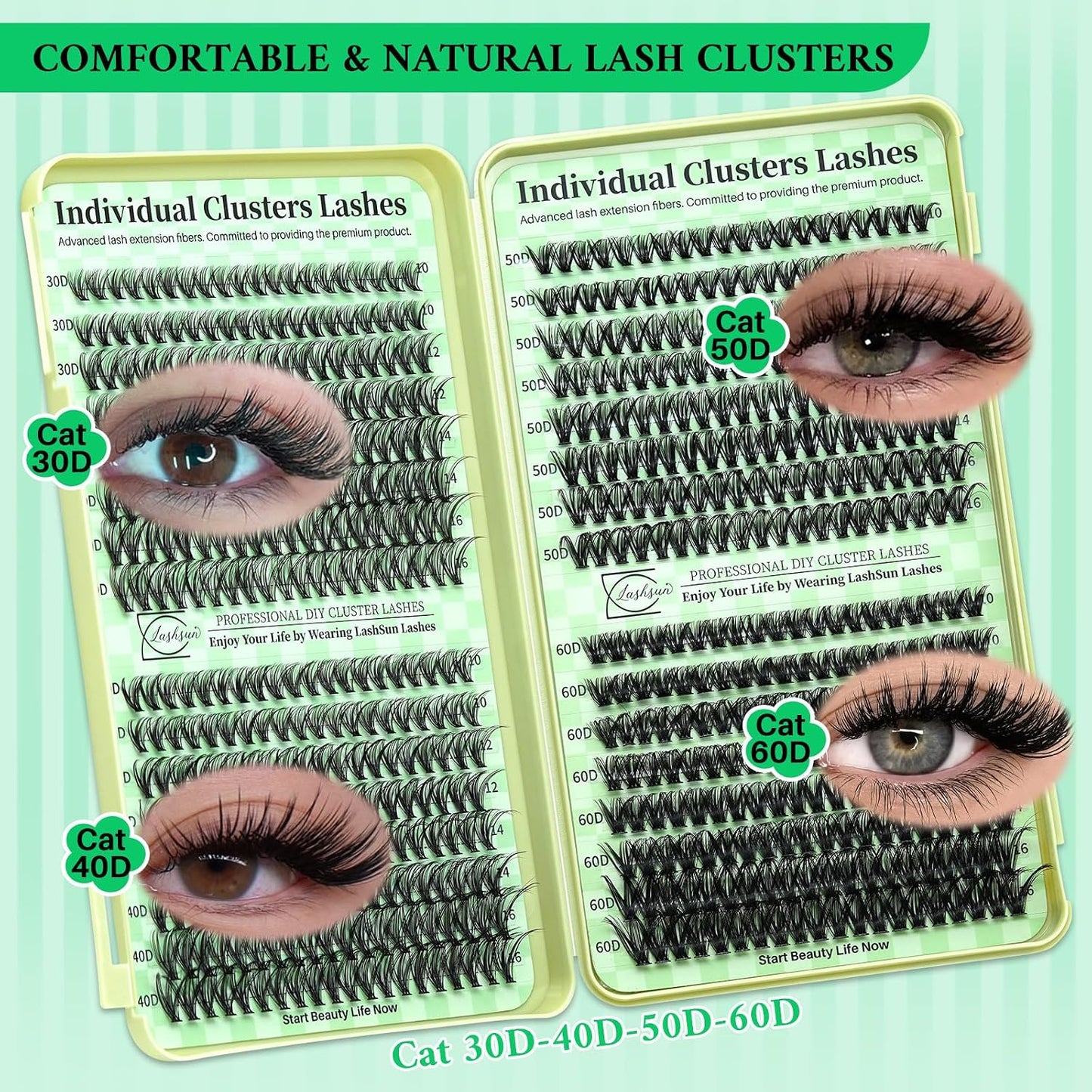 Lash Clusters Kit Wispy DIY Lash Extension Kit 640Pcs Cat Eye Lashes Volume Cluster Eyelash DIY Lashes at Home or Travel with Lash Bond and Seal,Lash Tweezers(Cat Eye 30D+40D+50D+60D Lash Kit)