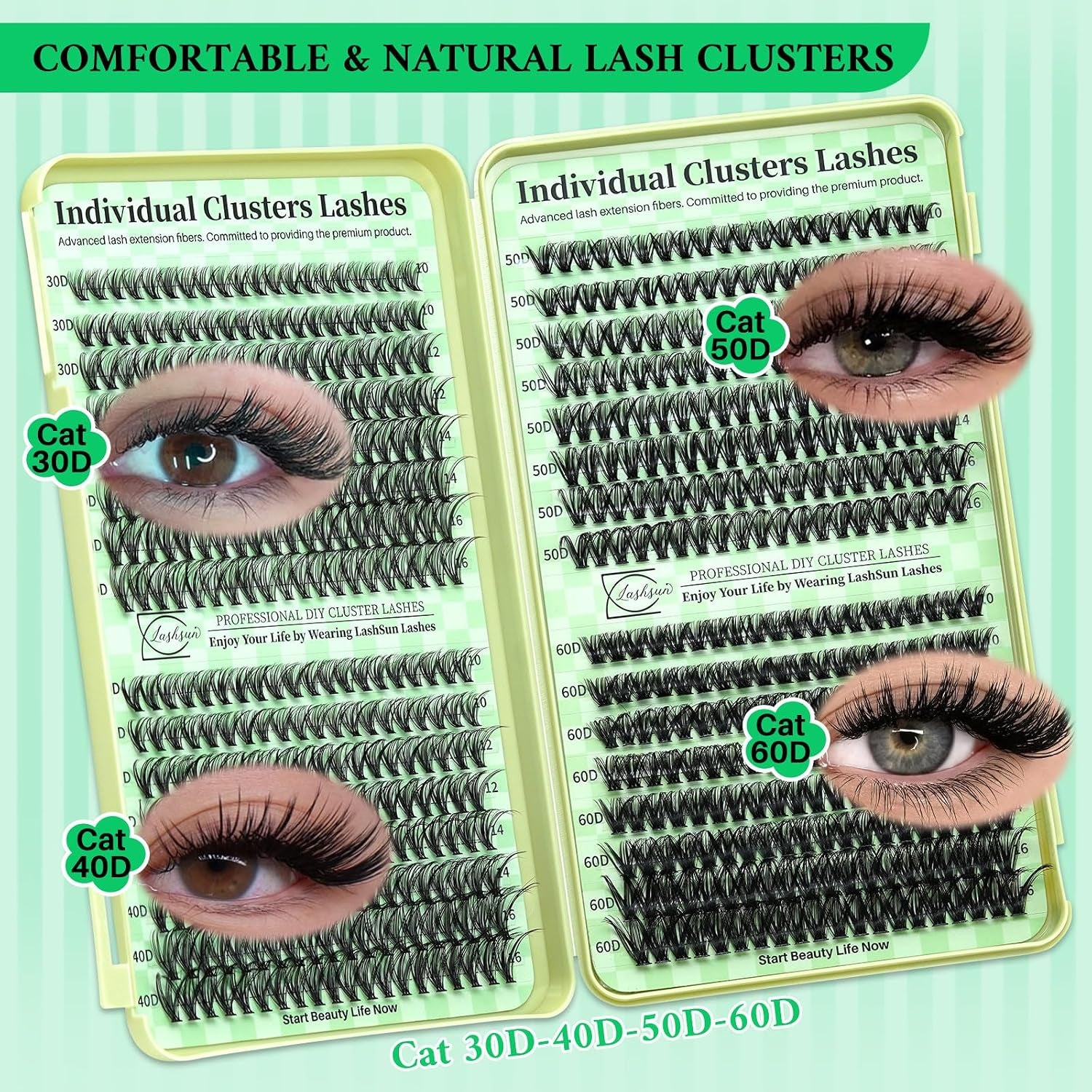 Lash Clusters Kit Wispy DIY Lash Extension Kit 640Pcs Cat Eye Lashes Volume Cluster Eyelash DIY Lashes at Home or Travel with Lash Bond and Seal,Lash Tweezers(Cat Eye 30D+40D+50D+60D Lash Kit)