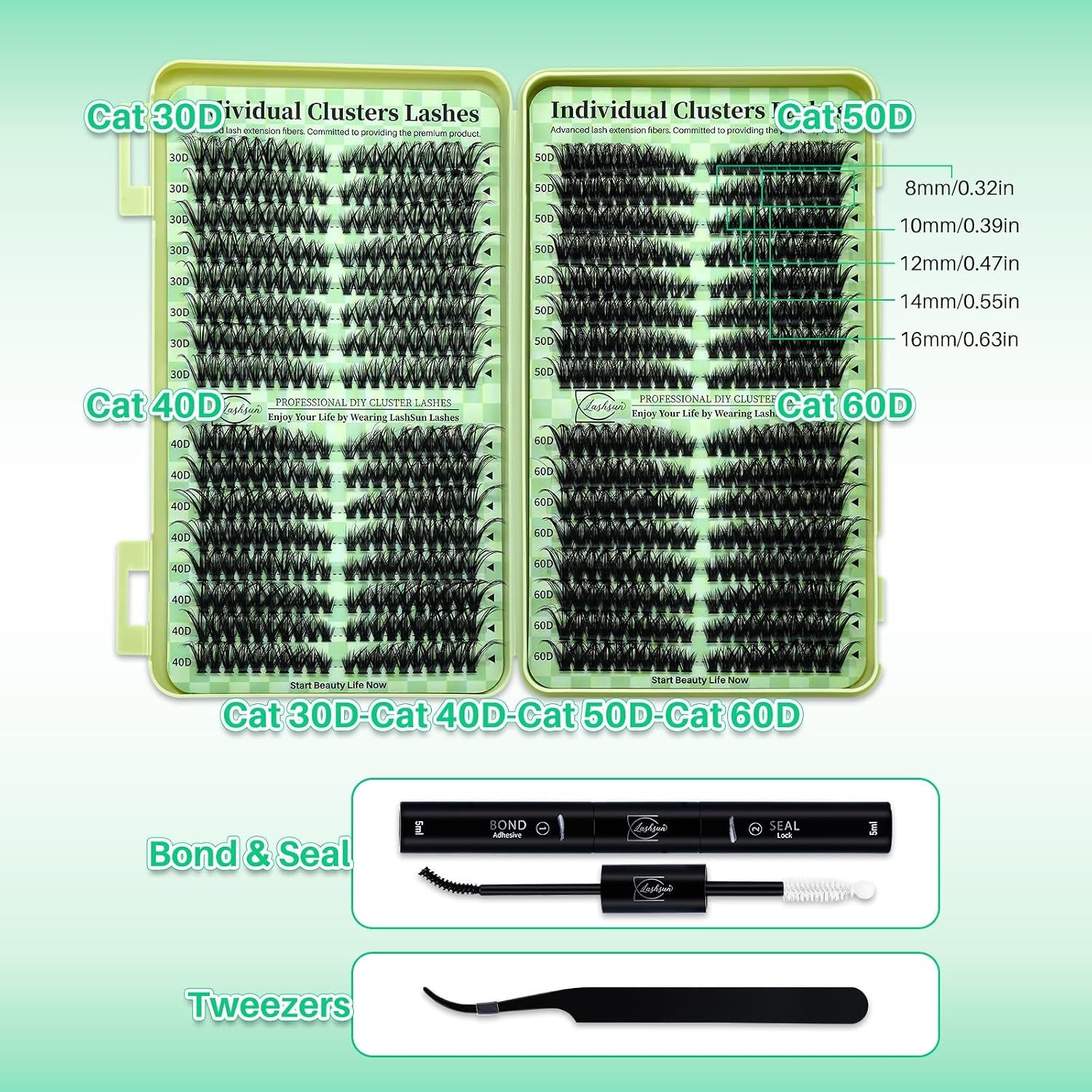Lash Clusters Kit Wispy DIY Lash Extension Kit 640Pcs Cat Eye Lashes Volume Cluster Eyelash DIY Lashes at Home or Travel with Lash Bond and Seal,Lash Tweezers(Cat Eye 30D+40D+50D+60D Lash Kit)