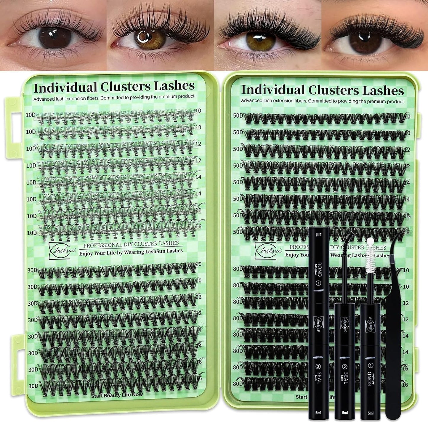 Lash Clusters Kit Wispy DIY Lash Extension Kit 640Pcs Cat Eye Lashes Volume Cluster Eyelash DIY Lashes at Home or Travel with Lash Bond and Seal,Lash Tweezers(Cat Eye 30D+40D+50D+60D Lash Kit)