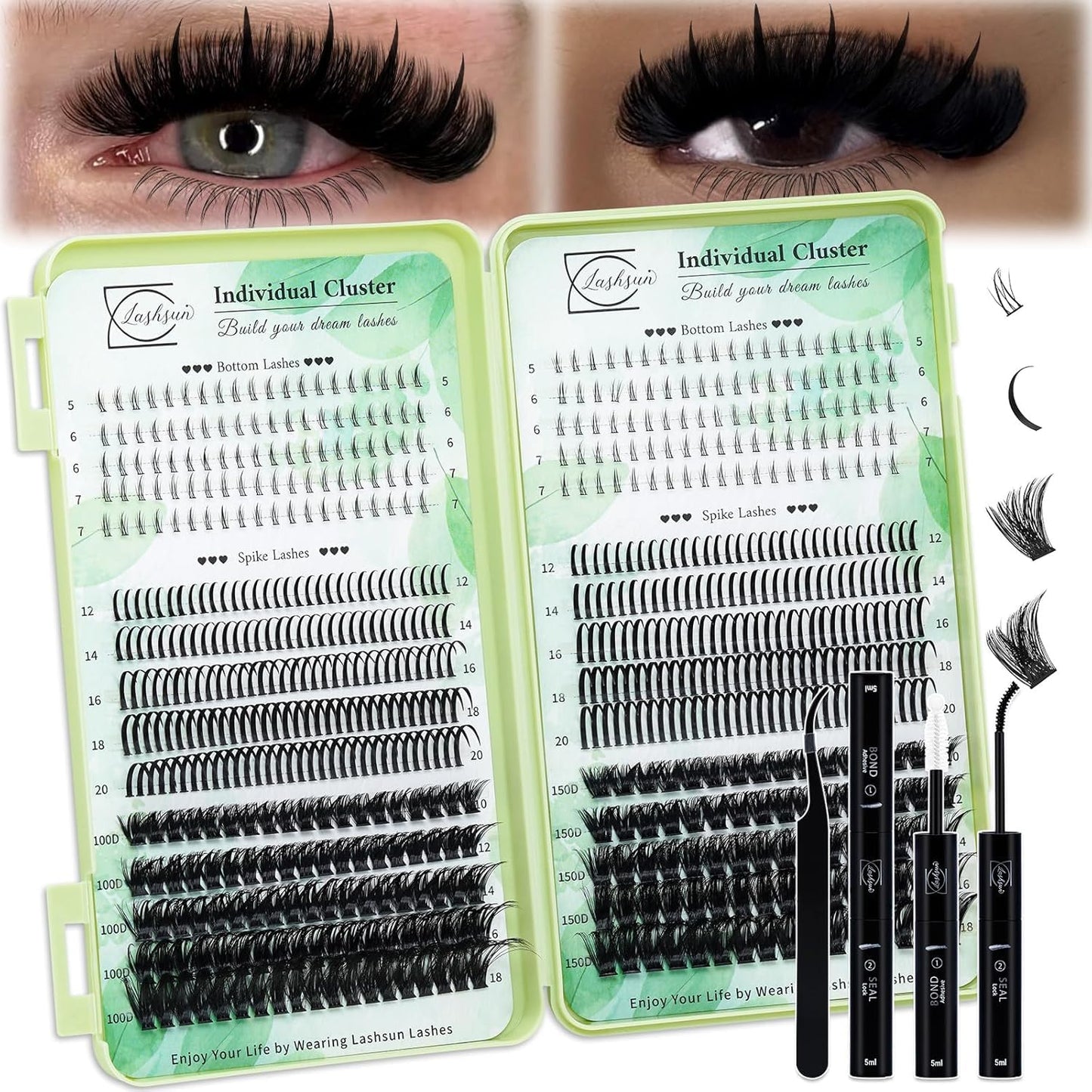 Lash Clusters Kit Wispy DIY Lash Extension Kit 640Pcs Cat Eye Lashes Volume Cluster Eyelash DIY Lashes at Home or Travel with Lash Bond and Seal,Lash Tweezers(Cat Eye 30D+40D+50D+60D Lash Kit)