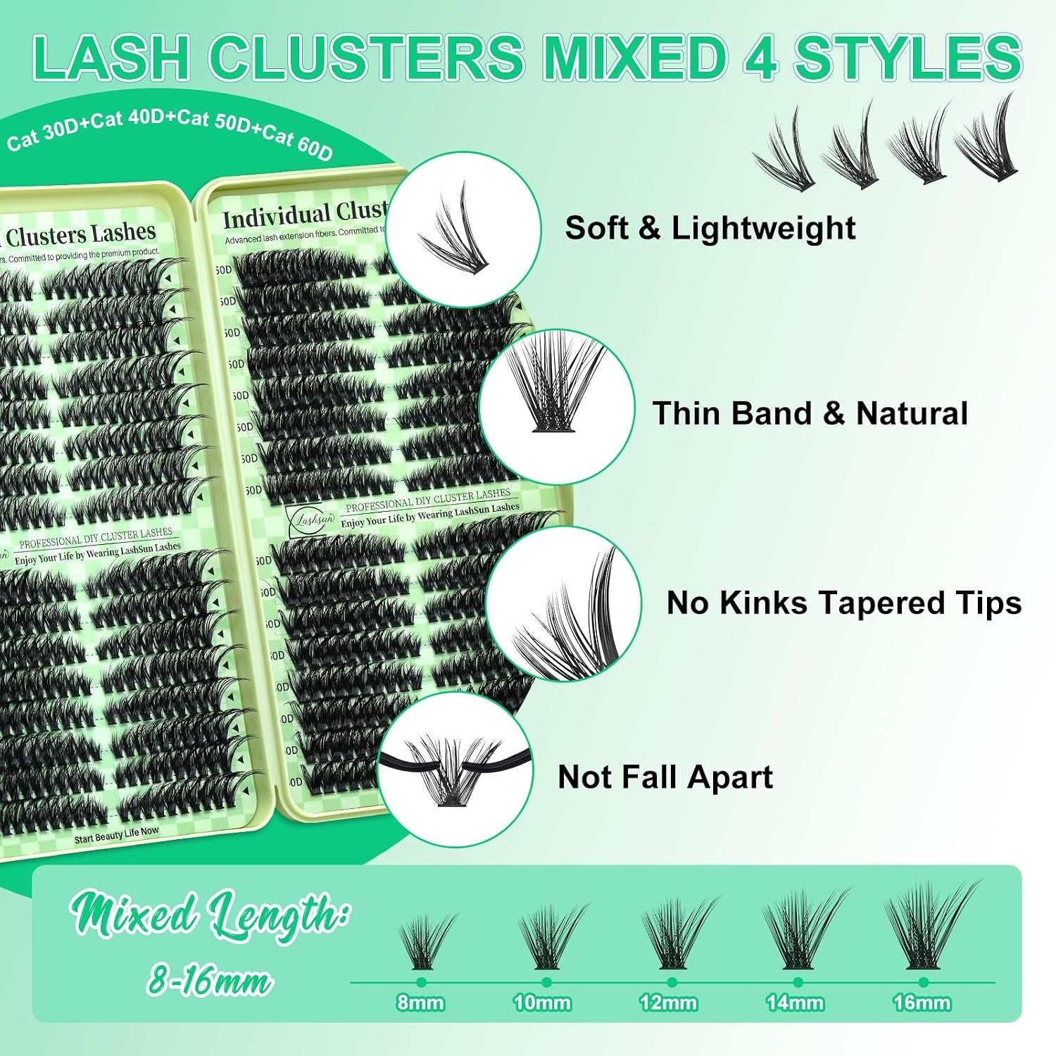 Lash Clusters Kit Wispy DIY Lash Extension Kit 640Pcs Cat Eye Lashes Volume Cluster Eyelash DIY Lashes at Home or Travel with Lash Bond and Seal,Lash Tweezers(Cat Eye 30D+40D+50D+60D Lash Kit)