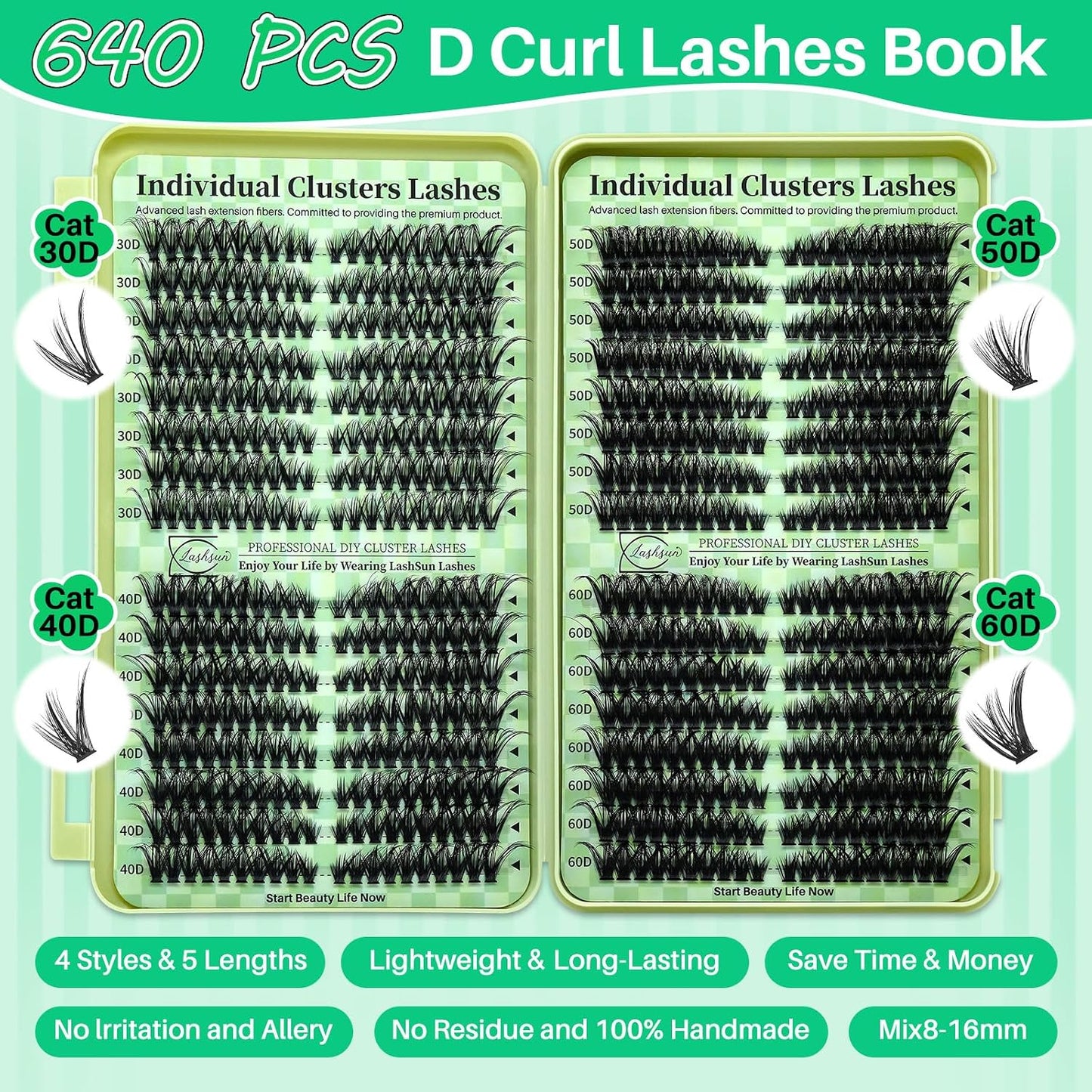 Lash Clusters Kit Wispy DIY Lash Extension Kit 640Pcs Cat Eye Lashes Volume Cluster Eyelash DIY Lashes at Home or Travel with Lash Bond and Seal,Lash Tweezers(Cat Eye 30D+40D+50D+60D Lash Kit)