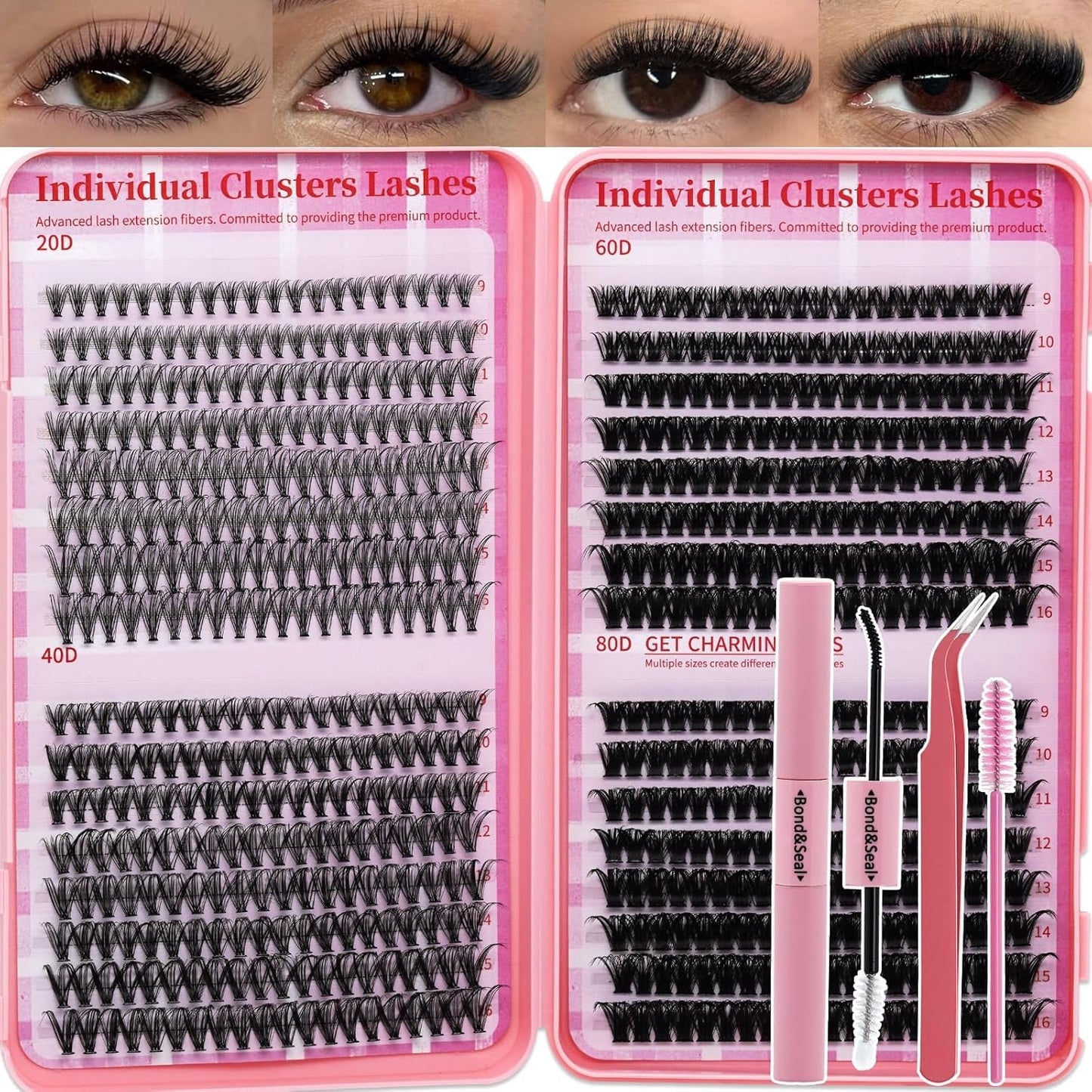 Lash Clusters Kit Wispy DIY Lash Extension Kit 640Pcs Cat Eye Lashes Volume Cluster Eyelash DIY Lashes at Home or Travel with Lash Bond and Seal,Lash Tweezers(Cat Eye 30D+40D+50D+60D Lash Kit)