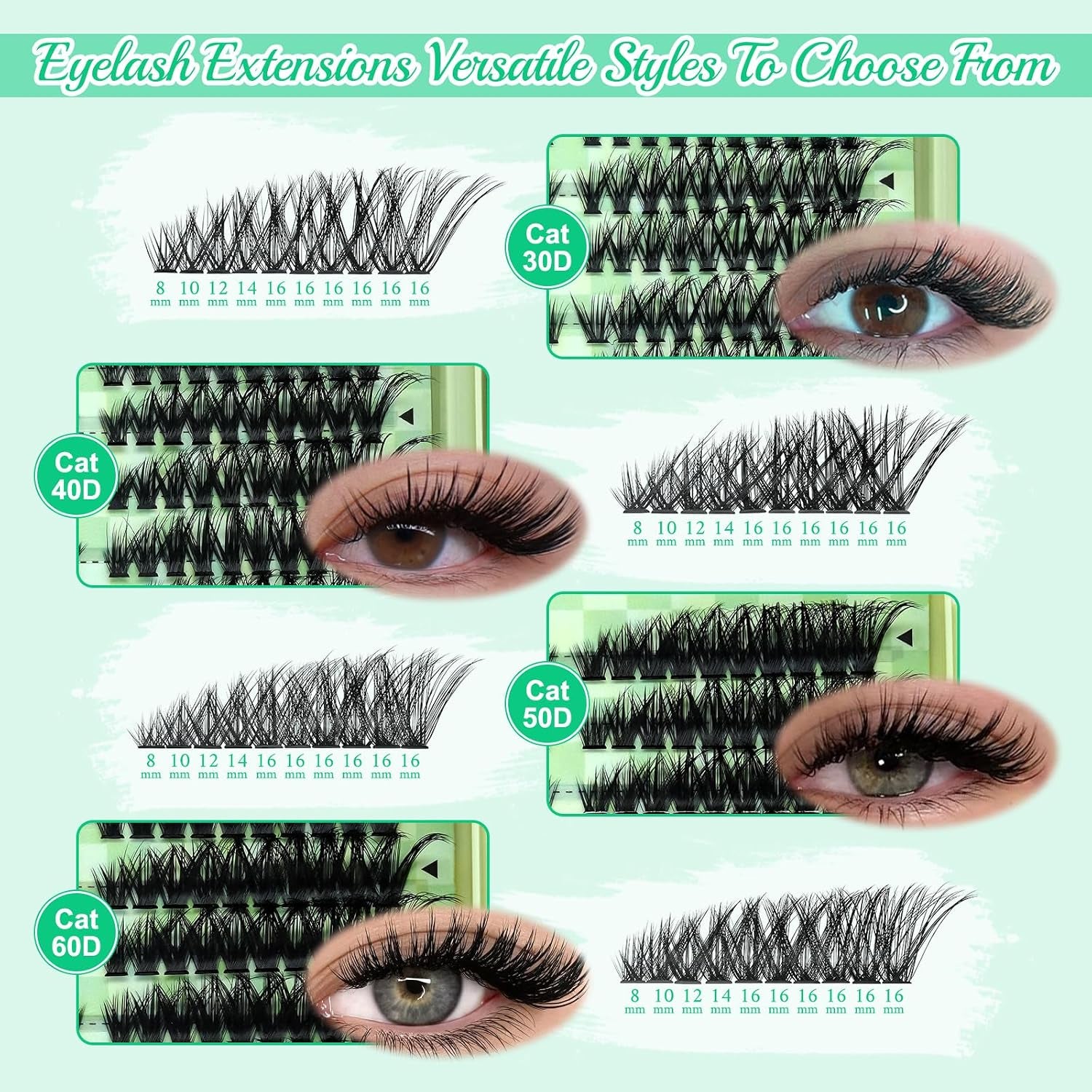 Lash Clusters Kit Wispy DIY Lash Extension Kit 640Pcs Cat Eye Lashes Volume Cluster Eyelash DIY Lashes at Home or Travel with Lash Bond and Seal,Lash Tweezers(Cat Eye 30D+40D+50D+60D Lash Kit)