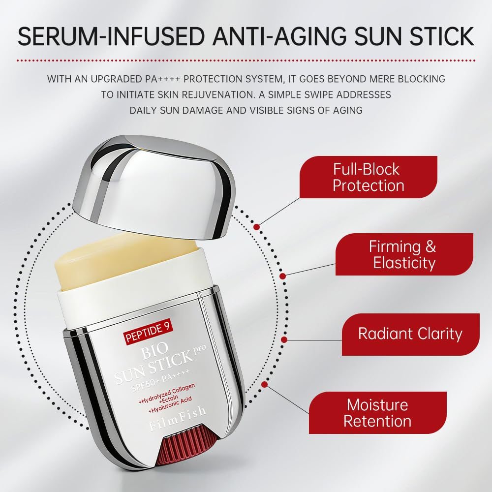 Filmfish Peptide 9 Bio Sun Stick PRO SPF50+ PA++++, Sunscreen Stick with Peptide Complex, Collagen & Hyaularonic Acid, Moisturizing & Anti-Aging Face Stick, Reef Friendly & No White Cast Sunblock
