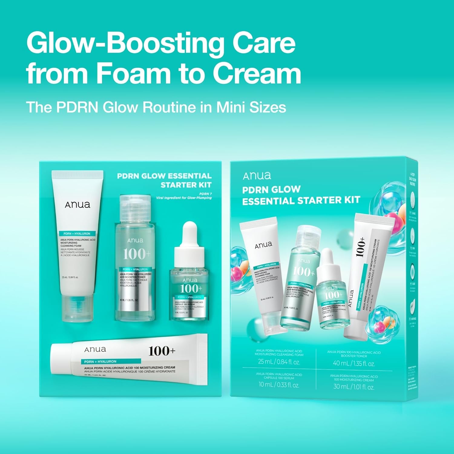 Salmon DNA PDRN Glow Essential Starter Kit, Hyaluronic Acid Skincare Set, Glass Skin Routine with Firming & Hydrating Cleanser, Toner, Serum & Cream, Mini Travel Essentials, Korean Skincare Gift
