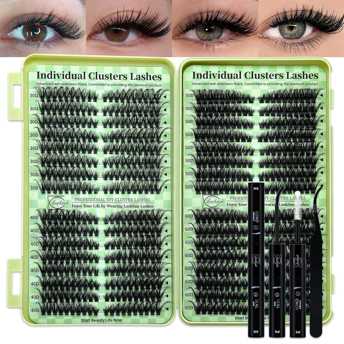 Lash Clusters Kit Wispy DIY Lash Extension Kit 640Pcs Cat Eye Lashes Volume Cluster Eyelash DIY Lashes at Home or Travel with Lash Bond and Seal,Lash Tweezers(Cat Eye 30D+40D+50D+60D Lash Kit)