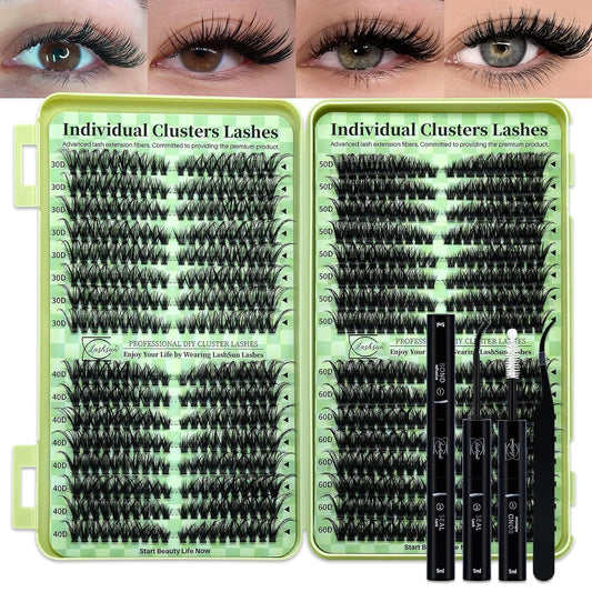 Lash Clusters Kit Wispy DIY Lash Extension Kit 640Pcs Cat Eye Lashes Volume Cluster Eyelash DIY Lashes at Home or Travel with Lash Bond and Seal,Lash Tweezers(Cat Eye 30D+40D+50D+60D Lash Kit)