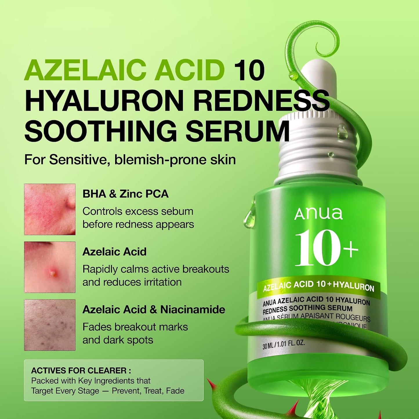 Azelaic Acid 10 Hyaluron Redness Soothing Serum, Facial Serum for Blemish-Prone & Oily-Prone Skin, Lightweight & Hydrating Blemish Care, Hyaluronic Acid, Korean Skincare, 1.01 Fl Oz.