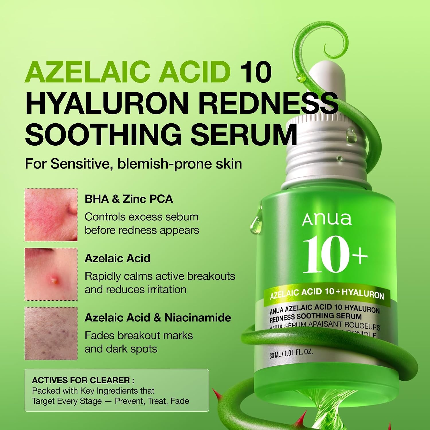 Azelaic Acid 10 Hyaluron Redness Soothing Serum, Facial Serum for Blemish-Prone & Oily-Prone Skin, Lightweight & Hydrating Blemish Care, Hyaluronic Acid, Korean Skincare, 1.01 Fl Oz.