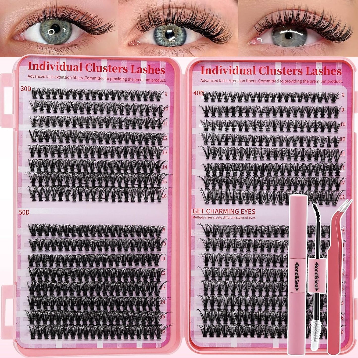 Lash Clusters Kit Wispy DIY Lash Extension Kit 640Pcs Cat Eye Lashes Volume Cluster Eyelash DIY Lashes at Home or Travel with Lash Bond and Seal,Lash Tweezers(Cat Eye 30D+40D+50D+60D Lash Kit)