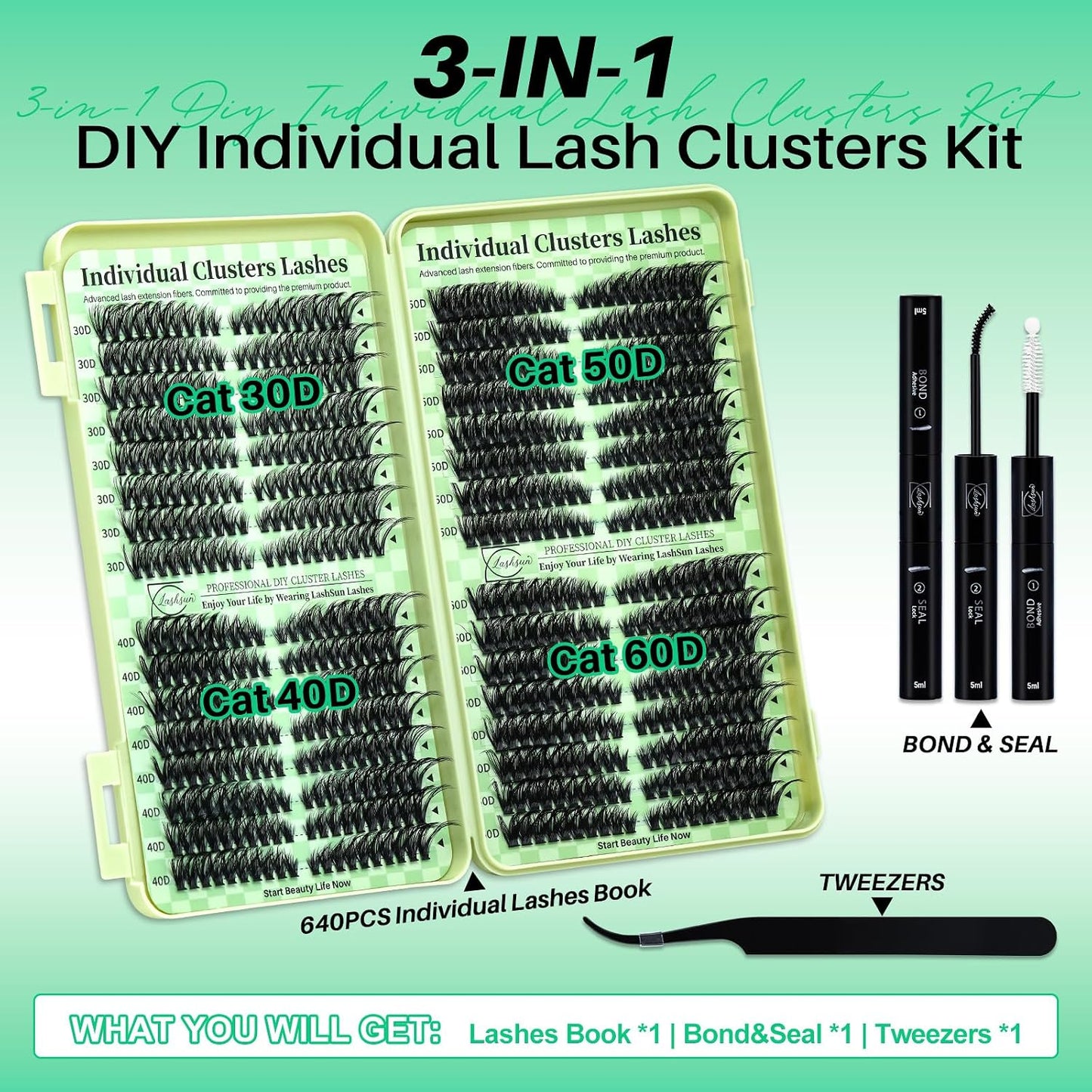 Lash Clusters Kit Wispy DIY Lash Extension Kit 640Pcs Cat Eye Lashes Volume Cluster Eyelash DIY Lashes at Home or Travel with Lash Bond and Seal,Lash Tweezers(Cat Eye 30D+40D+50D+60D Lash Kit)