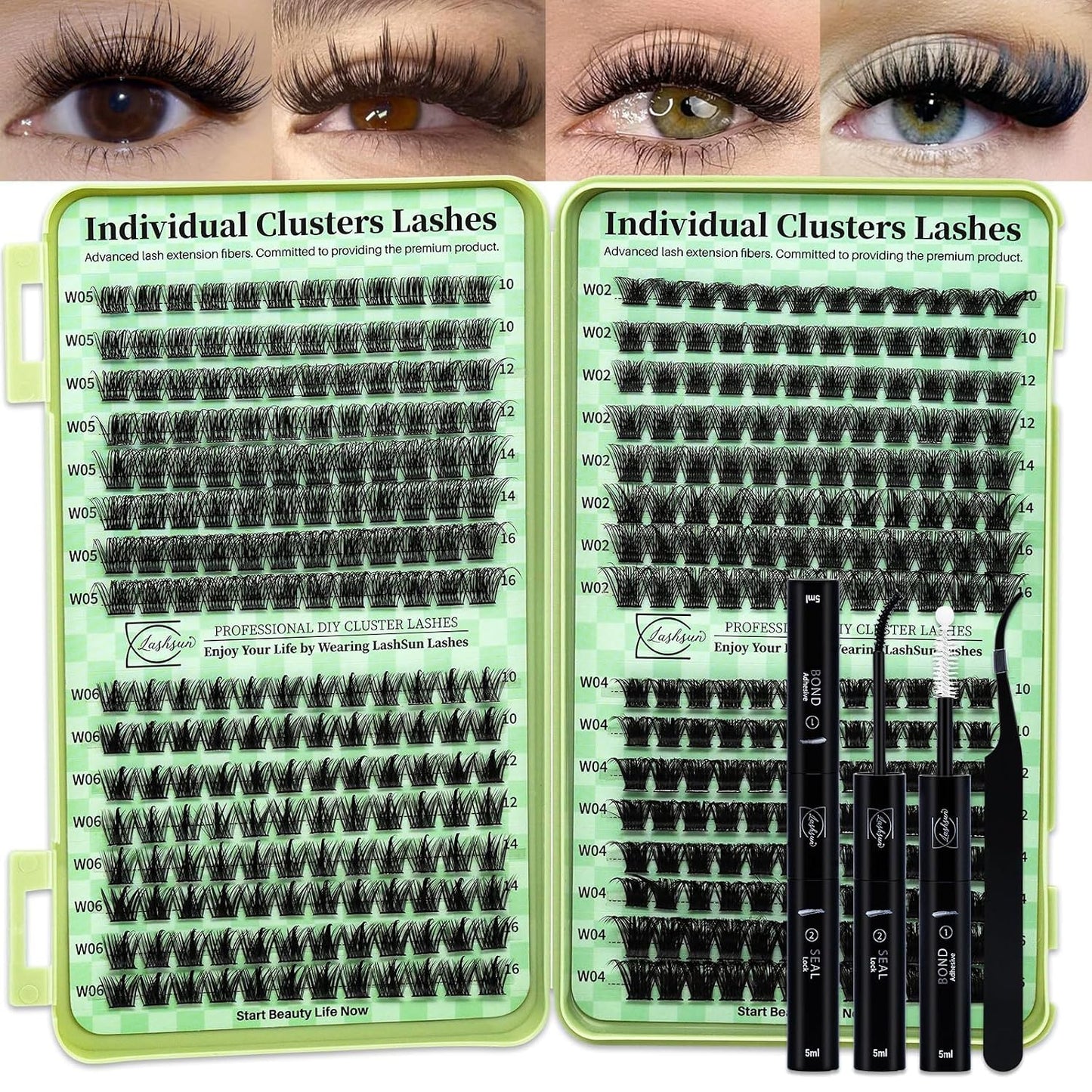 Lash Clusters Kit Wispy DIY Lash Extension Kit 640Pcs Cat Eye Lashes Volume Cluster Eyelash DIY Lashes at Home or Travel with Lash Bond and Seal,Lash Tweezers(Cat Eye 30D+40D+50D+60D Lash Kit)