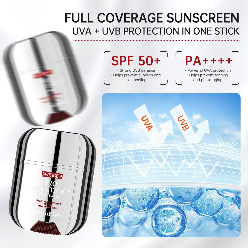Filmfish Peptide 9 Bio Sun Stick PRO SPF50+ PA++++, Sunscreen Stick with Peptide Complex, Collagen & Hyaularonic Acid, Moisturizing & Anti-Aging Face Stick, Reef Friendly & No White Cast Sunblock
