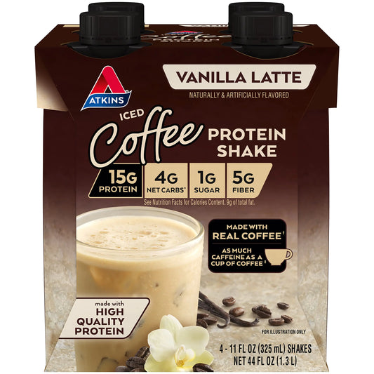 Atkins Iced Coffee Vanilla Latte Protein-Rich Shake Keto Friendly and Gluten Free. (4 Shakes)
